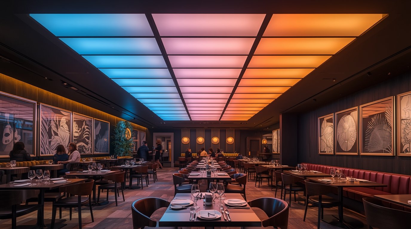Wealthymining LED integrated ceiling in a restaurant